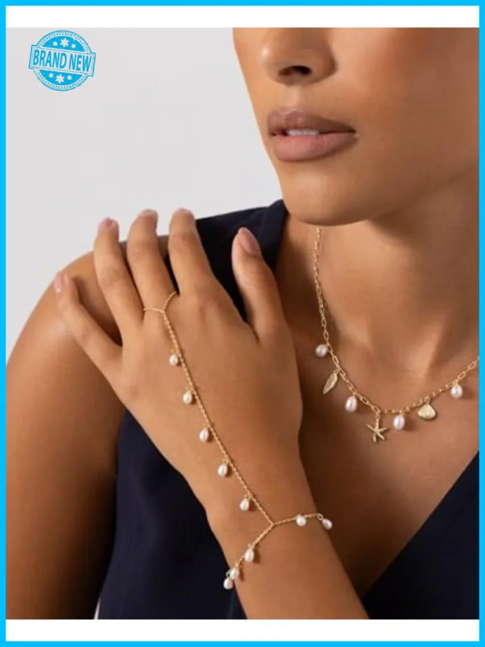 14K Gold Plated Adjustable Hand Chain Bracelet and Ring with Freshwater Pearls